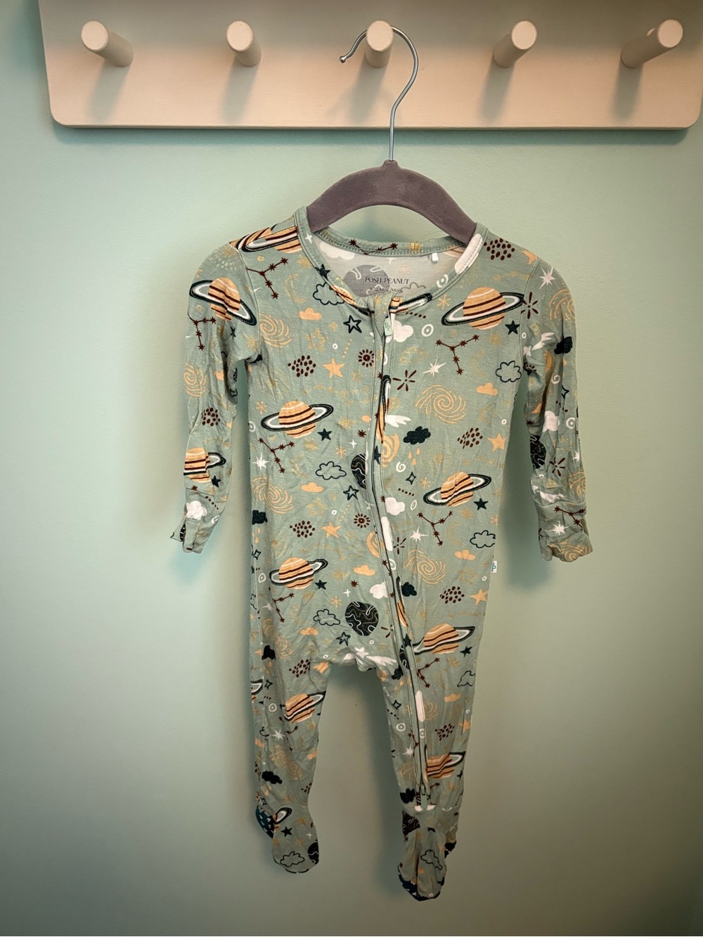 Posh Peanut Mint Green Planet Print Footed One-Piece Pajamas
